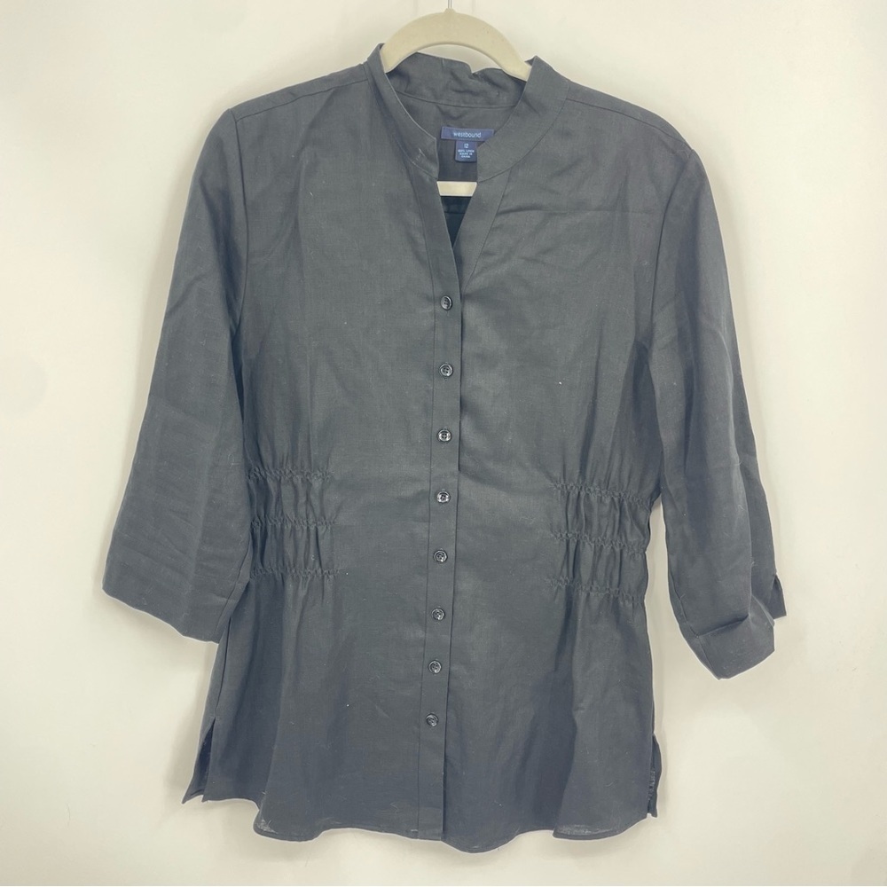 Westbound Shirt Womens Sz 12 black Linen Pleated Waist Button Up Top Long Sleeve